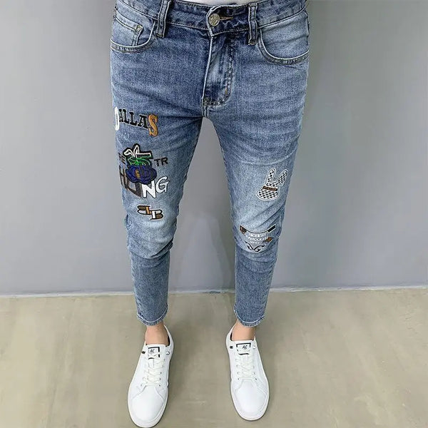 Luxury Brand Men's Slim Denim Jeans Casual Pencil Pants with Embroidery for Korean Fashion