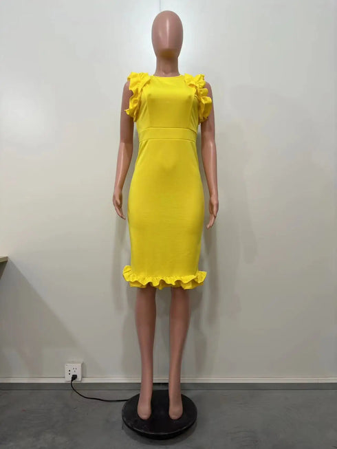 Elegant Ruffle Evening Dress Solid Selvedge High Waist Midi Dresses
