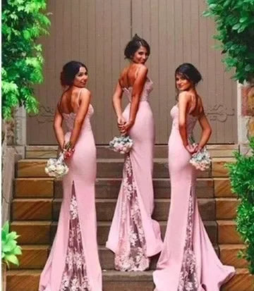 Mermaid Lace Long Bridesmaid Dress With Sweetheart Neckline, Backless Spaghetti Straps