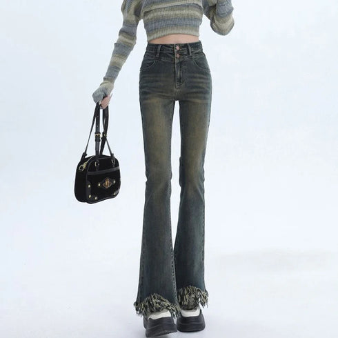 Ripped High Waist Flared Jeans For Women Retro Denim Trousers Casual Street Style Classic Fit