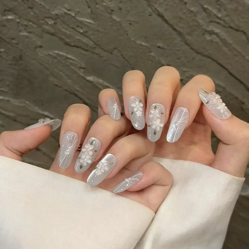 10pcs Artistic Press On Nails Featuring Elegant French Style with Hand Painted 3D Floral Designs - Perfect Summer Short Tips for Parties
