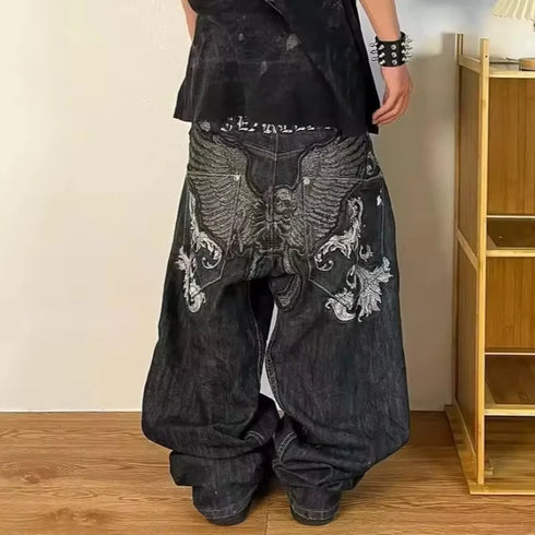 American Hip Hop Retro Gothic Print Jeans Women Street Fashion Loose Wide Leg Pants Unisex Joker Jeans