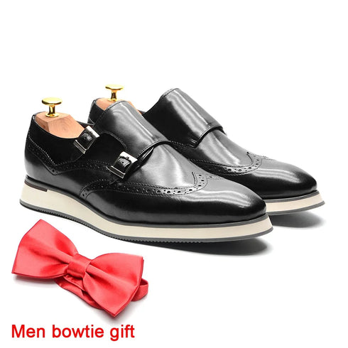 European Luxury Mens Sneakers Genuine Leather Monk Strap Double Buckles Wingtip Brogue Casual Business Dress Shoes
