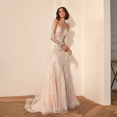 Wedding Dress Bridal Gown Mermaid Lace Illusion Long Sleeves Back Zipper Button Detail