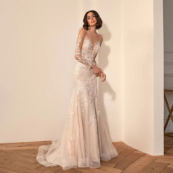 Wedding Dress Bridal Gown Mermaid Lace Illusion Long Sleeves Back Zipper Button Detail