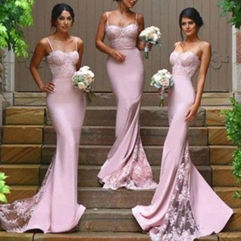 Mermaid Lace Long Bridesmaid Dress With Sweetheart Neckline, Backless Spaghetti Straps