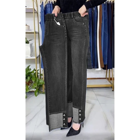 Elastic Waist Jeans For Women High Waist Wide Leg Denim Pants Loose Fit Casual Trousers