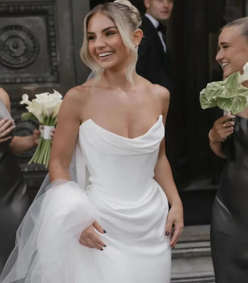 Modern Sheath Wedding Dress Off The Shoulder Detachable Chiffon Train Elegant Bridal Gown