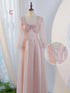 V-Neck Ruched Tulle A-Line Dress With Square Collar And Appliques And Bow Bridesmaid Dress