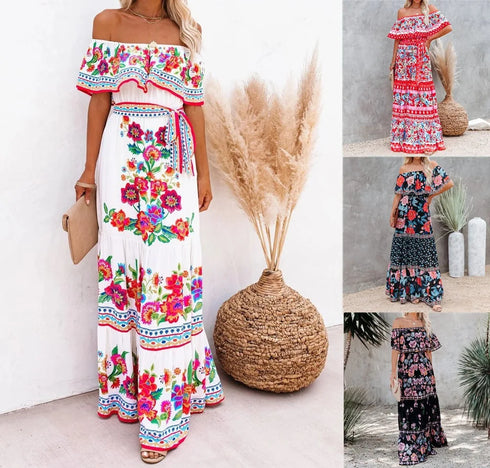 Elegant One-shoulder Short-sleeved Dress For Women Fashion Splicing Floral Print Dresses