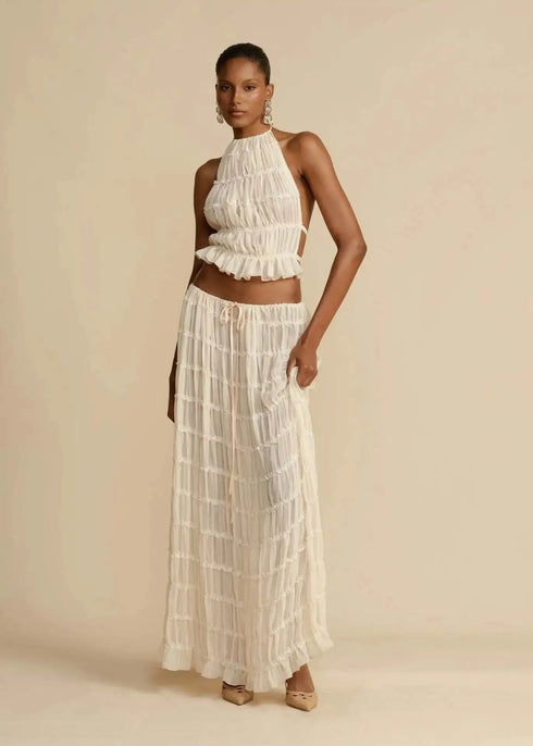 Fashion Halter Neck Maxi Skirt Suit for Women Backless Lace Up Two Piece Summer Outfit