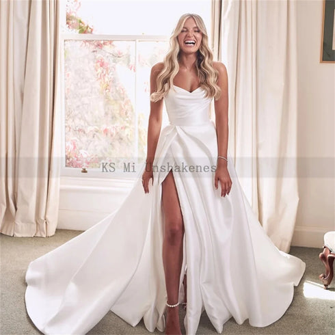 Chic Satin Wedding Dresses High Split Pleats Customized Gowns