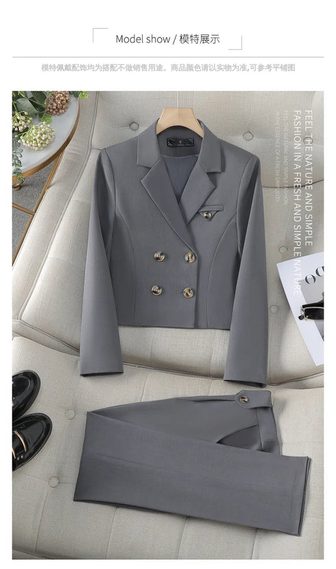 Chic Women's Office Suit Set: Long Sleeve Double Breasted Short Tops with Slim High Waisted Pencil Pants for Spring Fashion