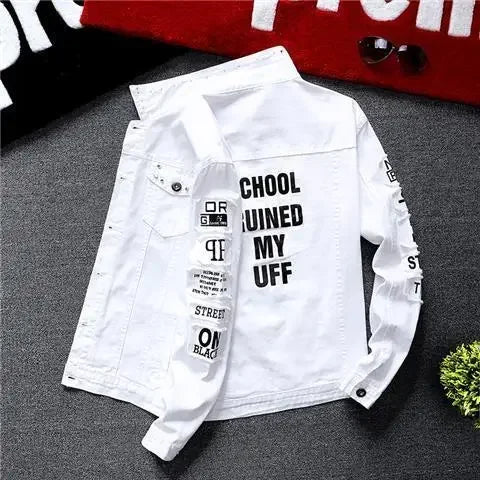 Men's Slim Fit Ripped Denim Jacket with Print for Hip Hop Style - Trendy Outerwear for Dance and Casual Wear