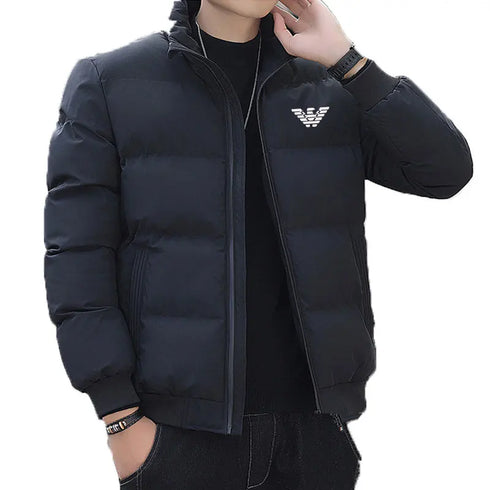 Versatile Winter Down Jacket for Men - Casual Solid Color Thick Warm Outerwear with Printed Design and Appliques