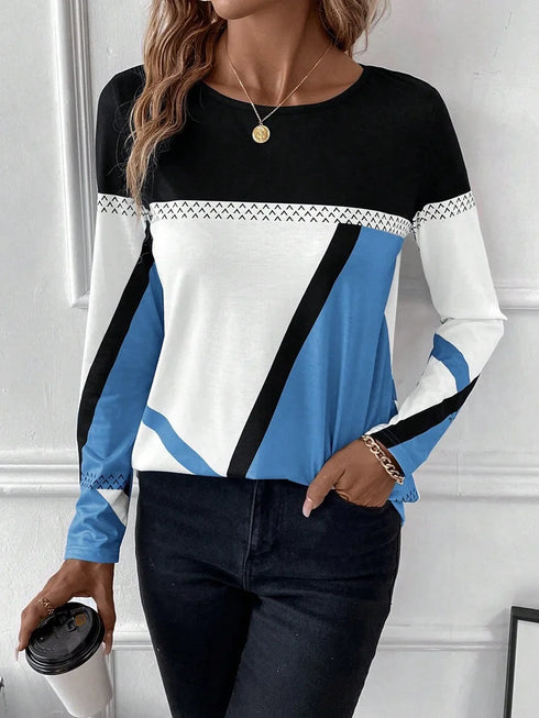 Casual Women's Geometric Print Long Sleeve T-Shirt Loose Fit O-Neck Tee
