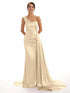 Satin Off-Shoulder Backless Pleated Bridesmaid Dress With Sweep Train Elegant Evening Gown