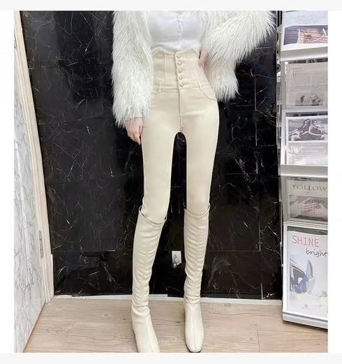 Beige Super High Waist Pencil Jeans Women Korean Slim Denim Pants