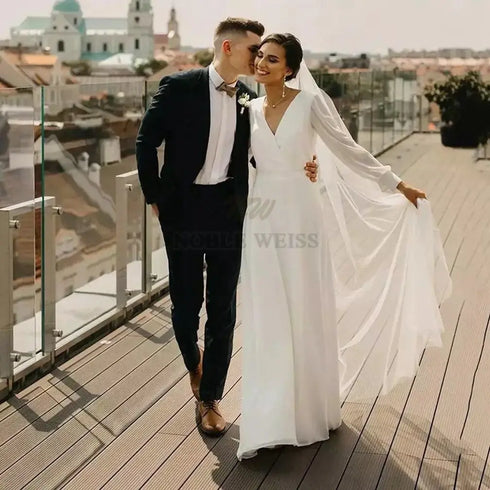 Wedding Dress V-neck Chiffon Boho A-LINE Floor-Length Dress
