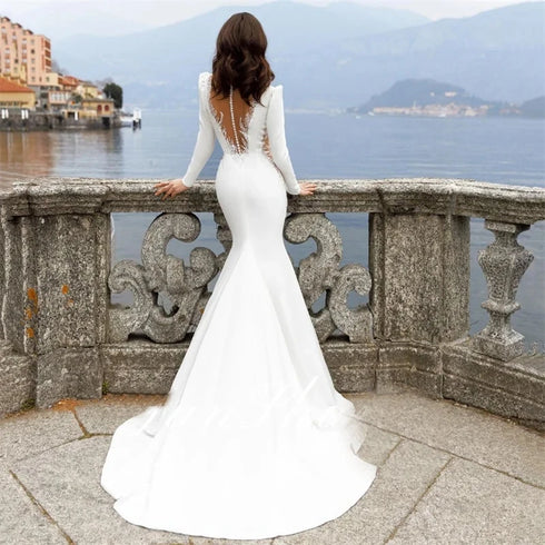 Boho Deep V Neck Wedding Dress Mermaid Ball Gown with Cut Out Appliques and Court Train