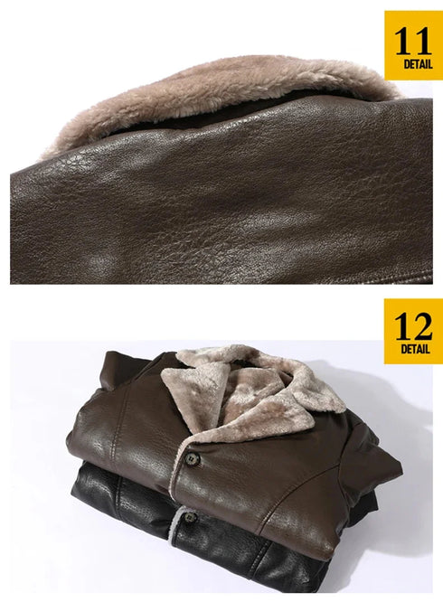 Winter Fashion Business Casual Men's Windbreaker Leather Jacket with Plush Fleece and Stylish Button Design for Warmth and Comfort