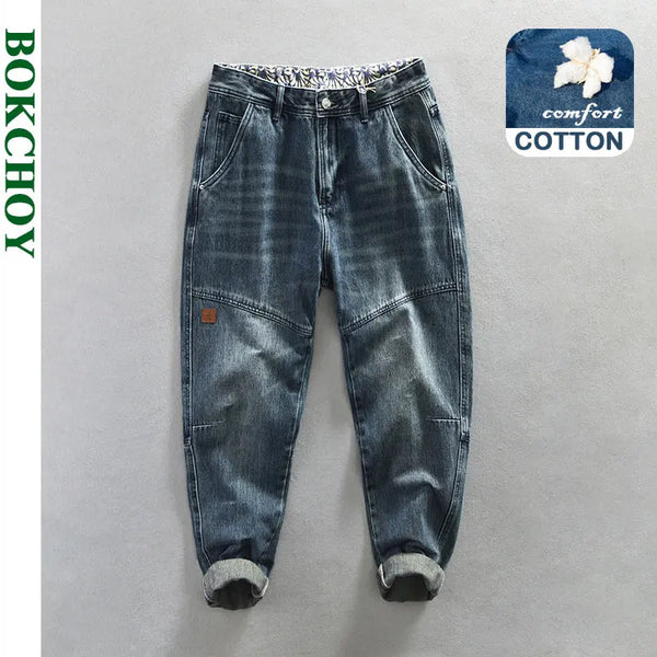 Casual Vintage Washed Cotton Jeans for Men - Oversized Streetwear Trousers