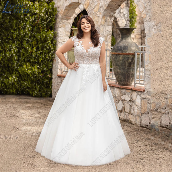 Oversize O-Neck Wedding Dresses A-Line Sleeveless Bride Gowns with Appliques and Back Button Closure