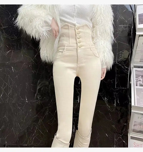 Beige Super High Waist Pencil Jeans Women Korean Slim Denim Pants