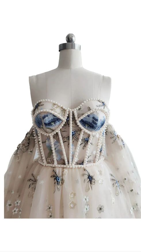 Amanda Princess Flower Lace A-Line Wedding Dress Puffy Sleeve Side Split Bridal Gown