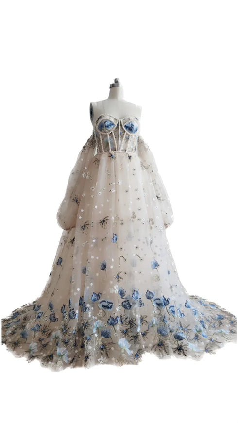 Amanda Princess Flower Lace A-Line Wedding Dress Puffy Sleeve Side Split Bridal Gown