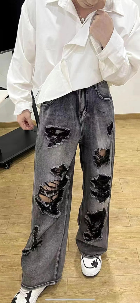 Vintage Wide Leg Ripped Denim Jeans for Women - Y2K Style Loose Fit Straight Pants Perfect for Fall Outfits and Streetwear Inspiration