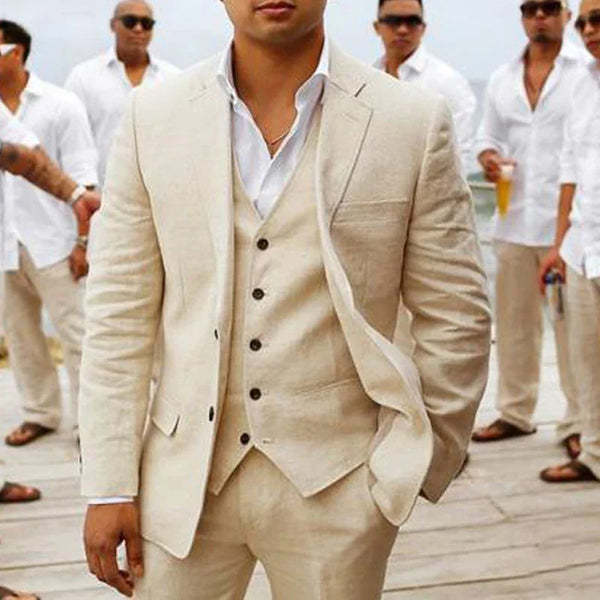 Beige Linen Wedding Tuxedo for Groomsmen Summer Man Suits with Notched Lapel