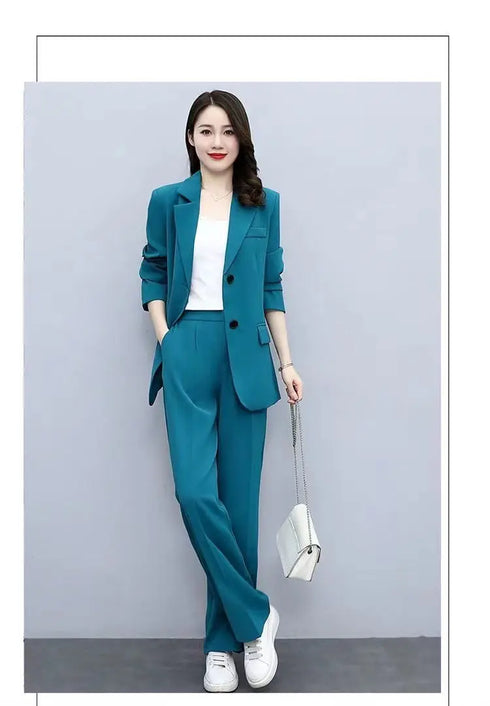 Chic Women's Blazer and Wide Leg Pants 2 Piece Set - Stylish Office Lady Casual Loose Suit Jacket and Trousers Outfit for Spring and Autumn