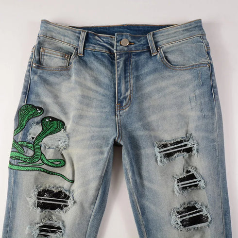Men's Distressed Snake Embroidery Skinny Jeans with Leather Patch and Ripped Detail