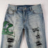 Men's Distressed Snake Embroidery Skinny Jeans with Leather Patch and Ripped Detail
