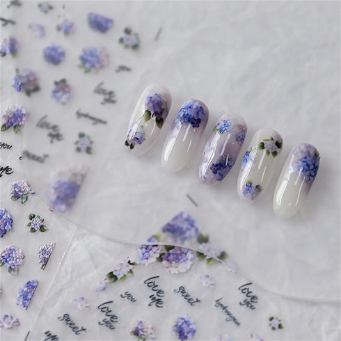 Kawaii Hydrangea 5D Embossed Flower Nail Art Stickers - Self-Adhesive Transfer Decals for Stunning DIY Nail Decoration