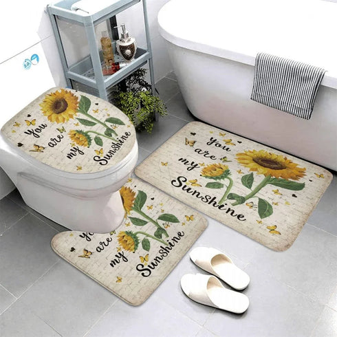 4 Piece Doormat Shower Curtain Set with Non-Slip Rugs Toilet Seat Cover and Bath Carpet for Bathroom Decor
