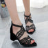Rhinestone Faux Leather Hollow Out Thick Heel Sandals