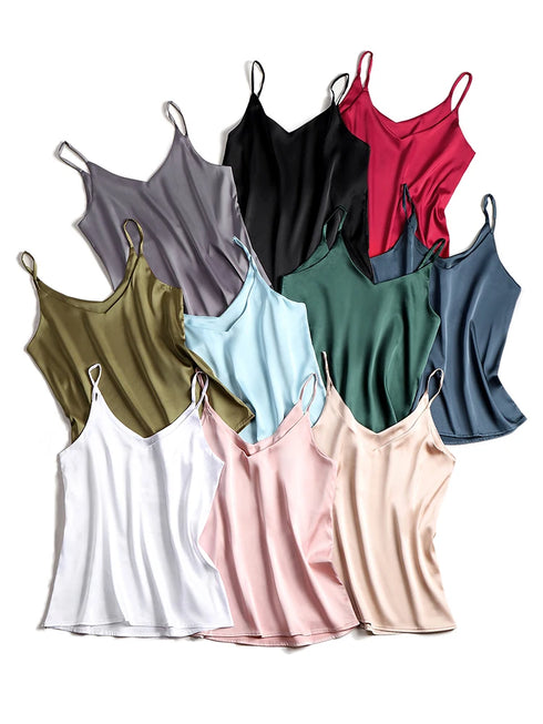 Spaghetti Strap Satin Silk Tank Top Women Sleeveless Halter V Neck Camisole Summer Casual Cami