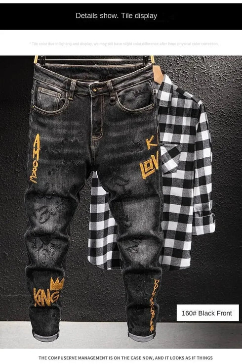 Luxury Streetwear Slim Fit Denim Jeans with 3D Embroidery Design for Casual Spring and Autumn Fashion - Perfect for Medium Wash Jeans Outfit and Punk Style