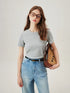 FSLE【4 Colors】Women Round Neck Casual Grey Summer T-Shirt Black Cotton Square Neck Short Sleeve Elastic Tees 24FS12797+24FS12798