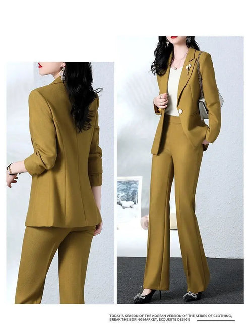 Elegant Women's Blazer Coat and Trousers Suit Set - Stylish Casual Outfit for Office and Autumn Wear with Flare Pants and Slim Fit Design