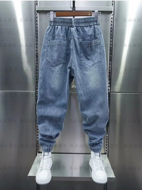 Men's Hip Hop Casual Denim Jogger Pants with Elastic Waist and Letter Print