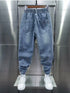 Men's Hip Hop Casual Denim Jogger Pants with Elastic Waist and Letter Print