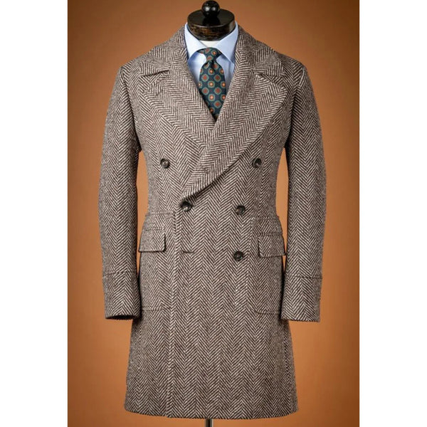Fashionable Double-Breasted Herringbone Woolen Coat for Men - Comfortable Autumn Commuting Wear, Casual Suit Jacket with Notched Collar and Long Length