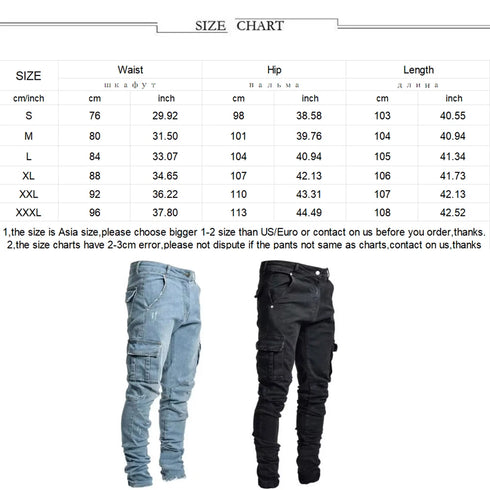 Fashion Streetwear Ripped Skinny Jeans Men Cargo Pants Slim Fit