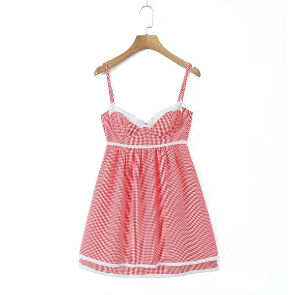 Chic Lace-Accented Plaid Mini Dress for Women - Sleeveless Summer Party Skater Style