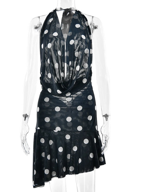 Sexy Deep V Neck Printed Polka Dot Halter Mini Dress for Women Elegant Summer Party Outfits
