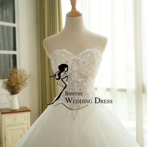 BEPEITHY Customized Sexy Sheer Lace Crystal Ball Gown Wedding Dress Vintage Princess Bridal Dresses