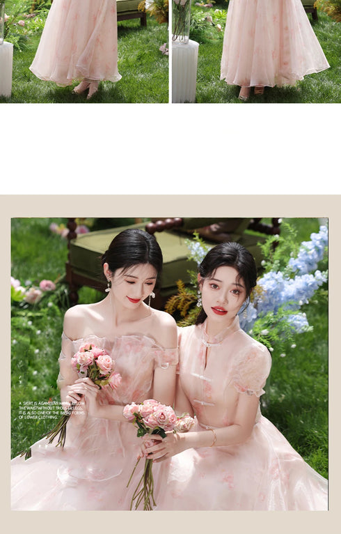Off Shoulder Bridesmaid Dress Elegant Bubble Sleeve Floral Print Aline Gown For Party